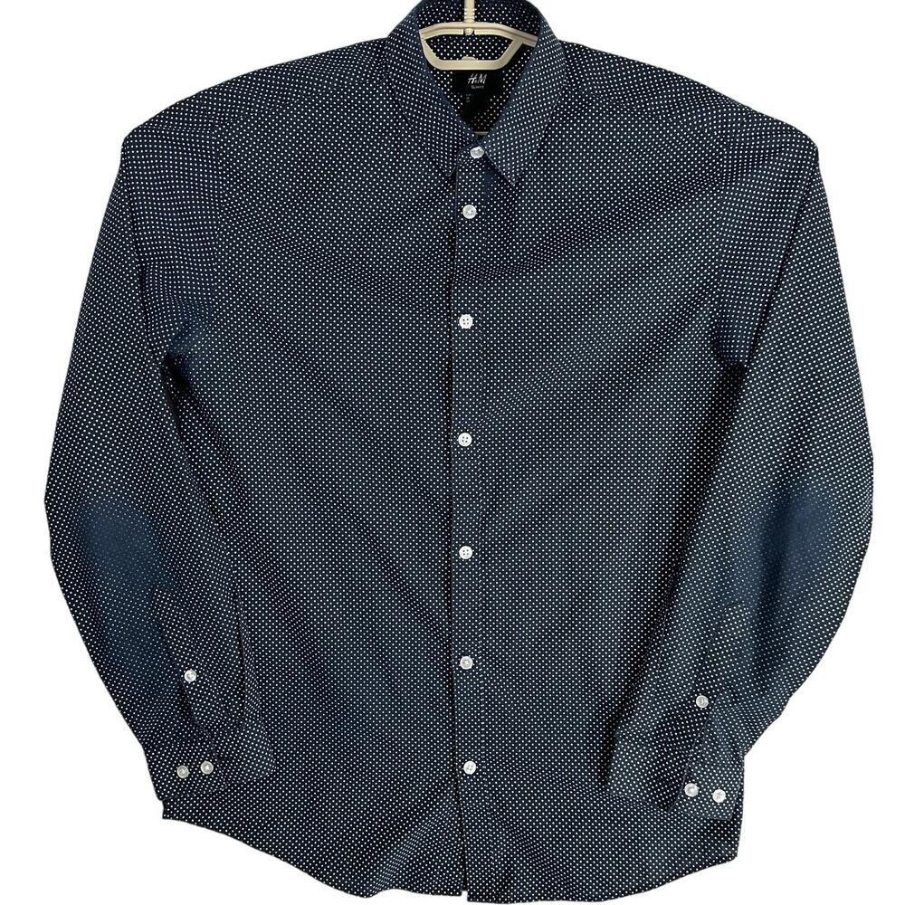 HM Button Up Shirt Men Size L Blue White Polka Dot Easy Iron Retro Mod FLAW